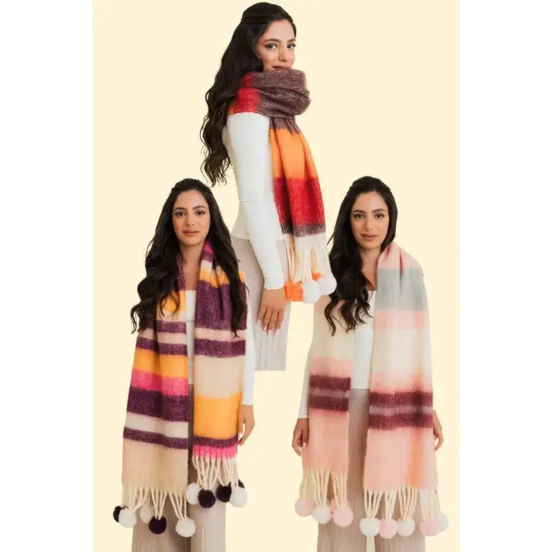 Contrast Color Stripes Chunky Pom Tassel Scarf.