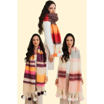 Contrast Color Stripes Chunky Pom Tassel Scarf.