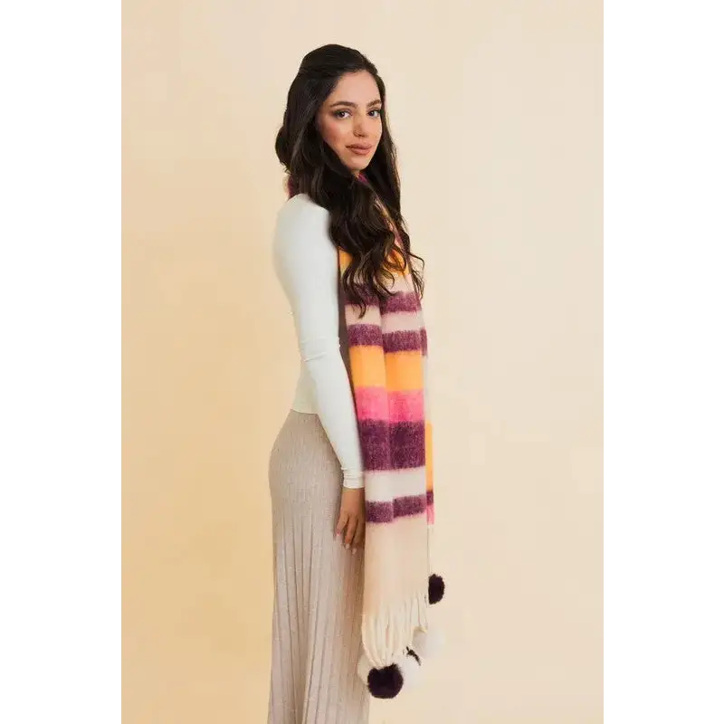 Contrast Color Stripes Chunky Pom Tassel Scarf.