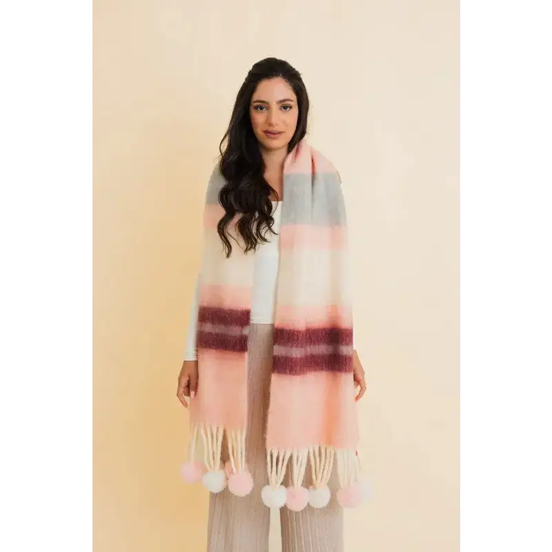 Contrast Color Stripes Chunky Pom Tassel Scarf.