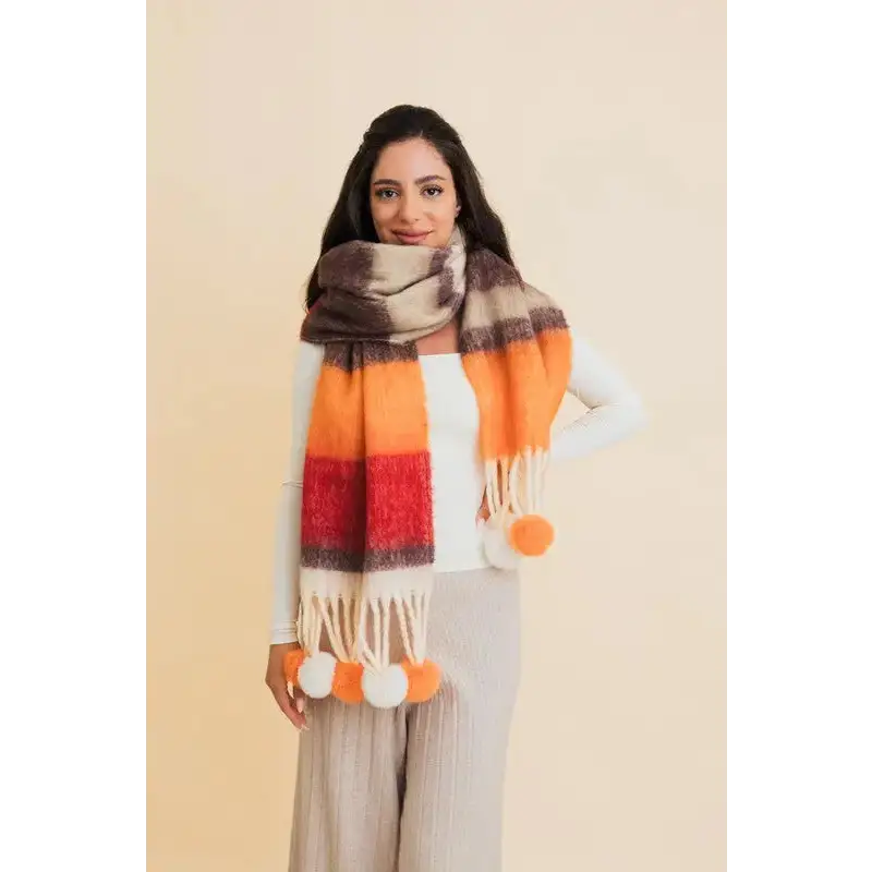 Contrast Color Stripes Chunky Pom Tassel Scarf.