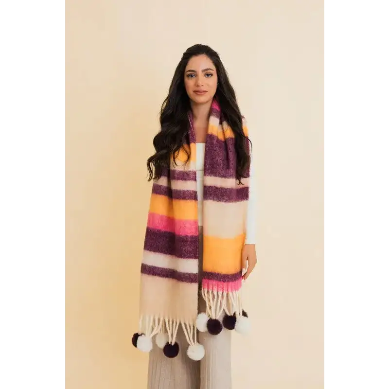 Contrast Color Stripes Chunky Pom Tassel Scarf.