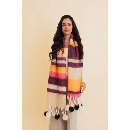 Contrast Color Stripes Chunky Pom Tassel Scarf.