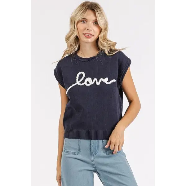 Contrast Letter Round Neck Cap Sleeve Knit Top.