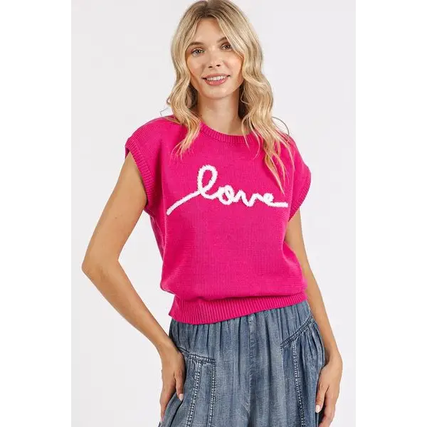 Contrast Letter Round Neck Cap Sleeve Knit Top.