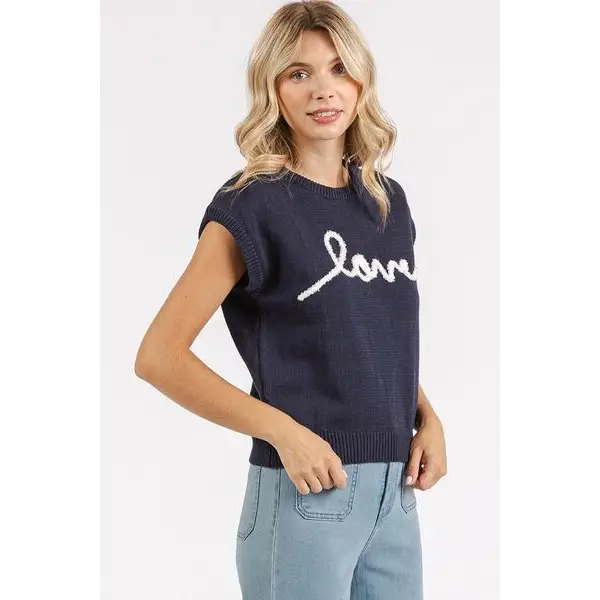 Contrast Letter Round Neck Cap Sleeve Knit Top.