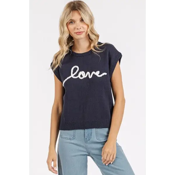 Contrast Letter Round Neck Cap Sleeve Knit Top.