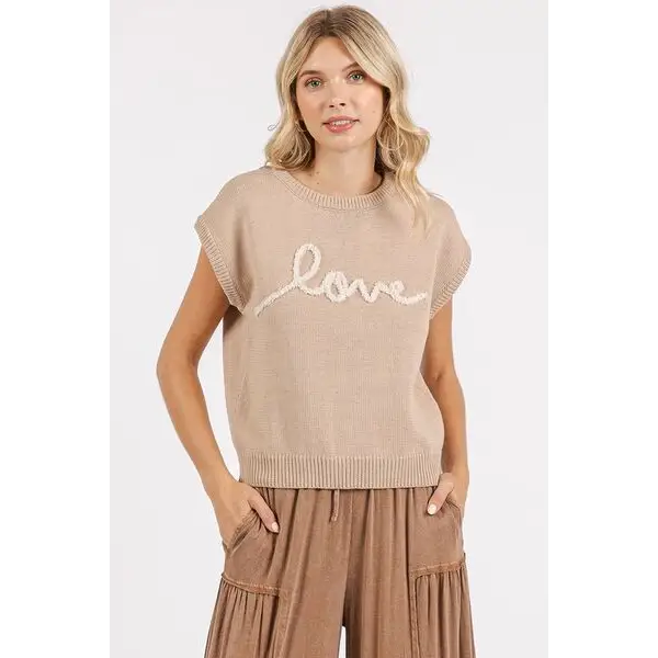 Contrast Letter Round Neck Cap Sleeve Knit Top.