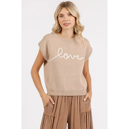 Contrast Letter Round Neck Cap Sleeve Knit Top.