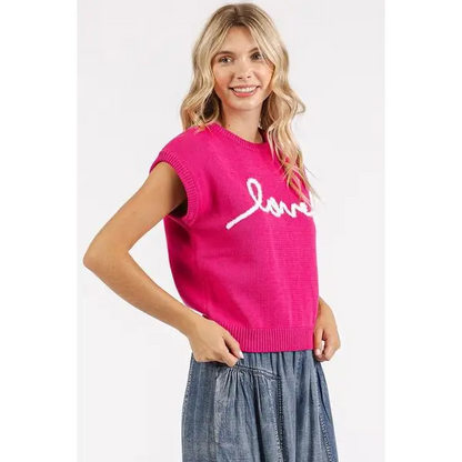 Contrast Letter Round Neck Cap Sleeve Knit Top.