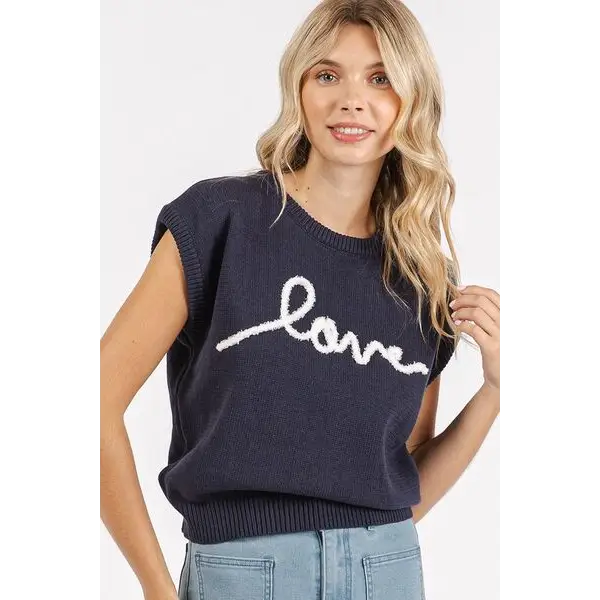 Contrast Letter Round Neck Cap Sleeve Knit Top.