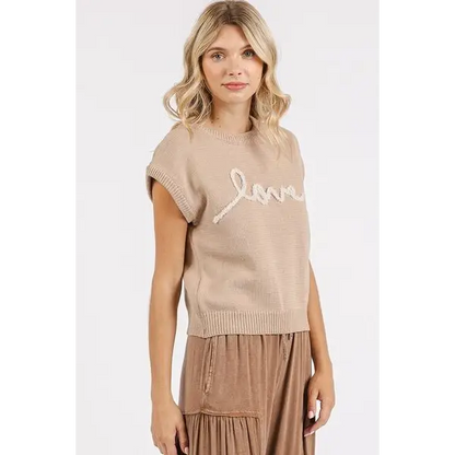 Contrast Letter Round Neck Cap Sleeve Knit Top.