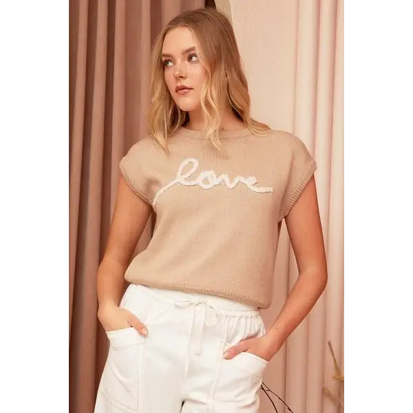 Contrast Letter Round Neck Cap Sleeve Knit Top.