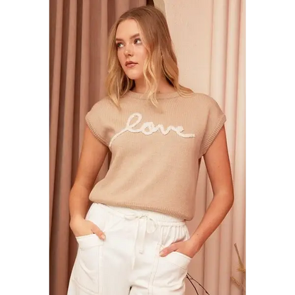 Contrast Letter Round Neck Cap Sleeve Knit Top.