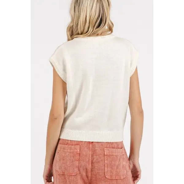 Contrast Letter Round Neck Cap Sleeve Knit Top.