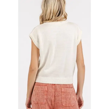 Contrast Letter Round Neck Cap Sleeve Knit Top.