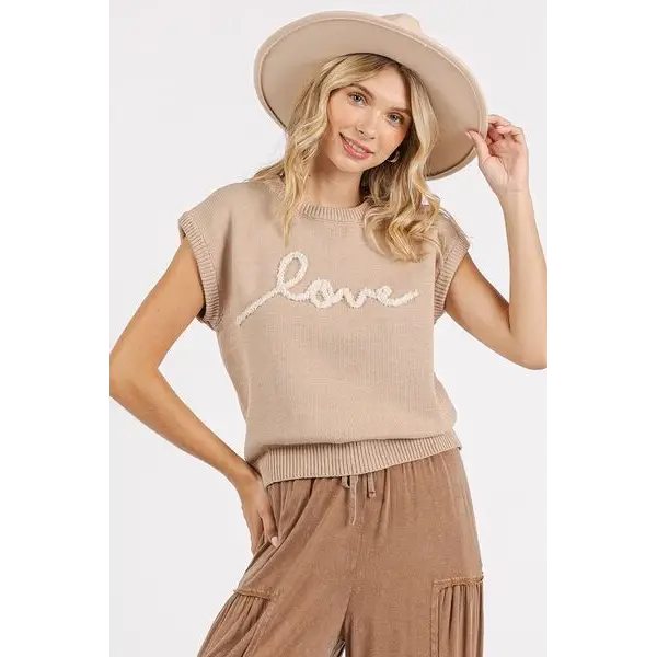 Contrast Letter Round Neck Cap Sleeve Knit Top.