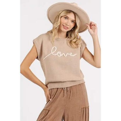 Contrast Letter Round Neck Cap Sleeve Knit Top.