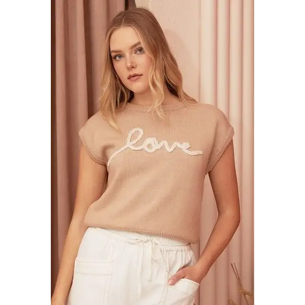 Contrast Letter Round Neck Cap Sleeve Knit Top.