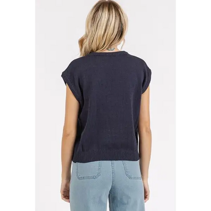 Contrast Letter Round Neck Cap Sleeve Knit Top.