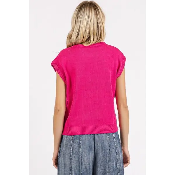 Contrast Letter Round Neck Cap Sleeve Knit Top.