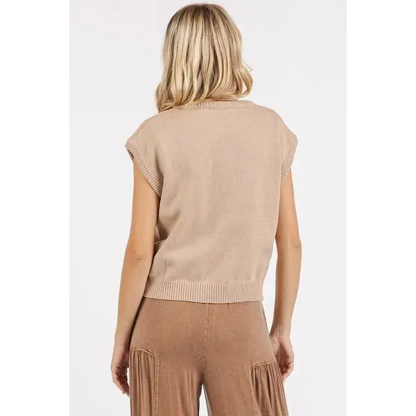 Contrast Letter Round Neck Cap Sleeve Knit Top.