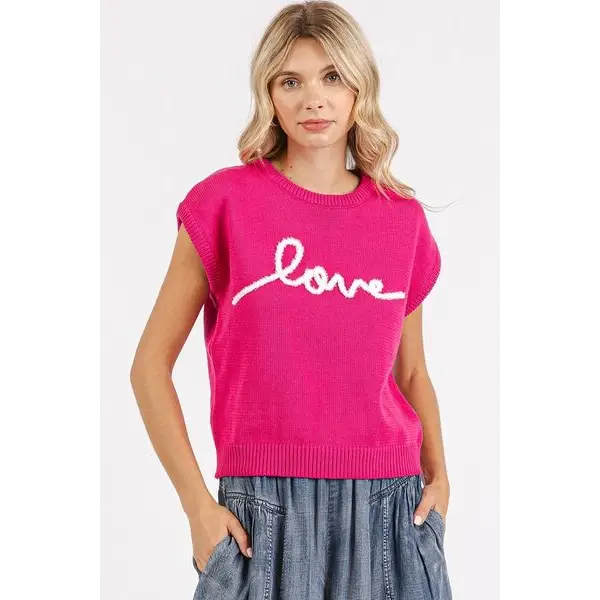 Contrast Letter Round Neck Cap Sleeve Knit Top.