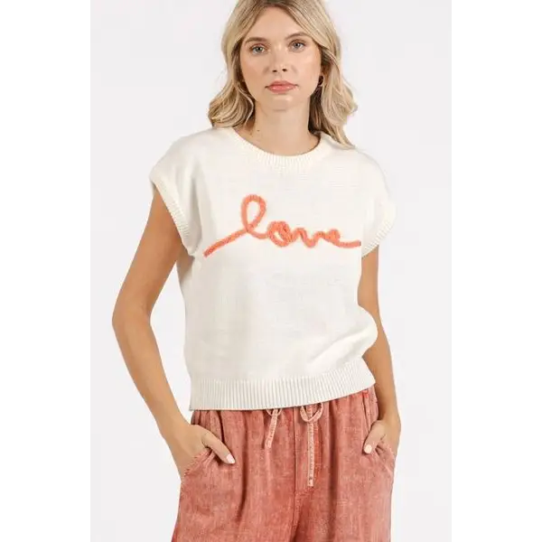 Contrast Letter Round Neck Cap Sleeve Knit Top.