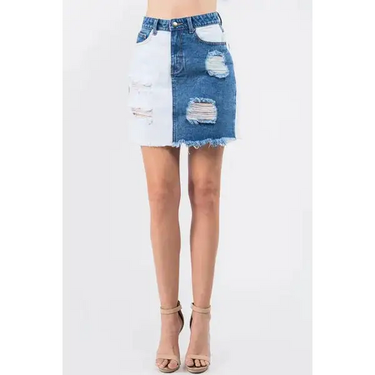 Contrast Patched Frayed Denim Distressed Skirts.
