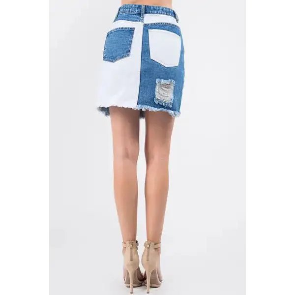 Contrast Patched Frayed Denim Distressed Skirts.