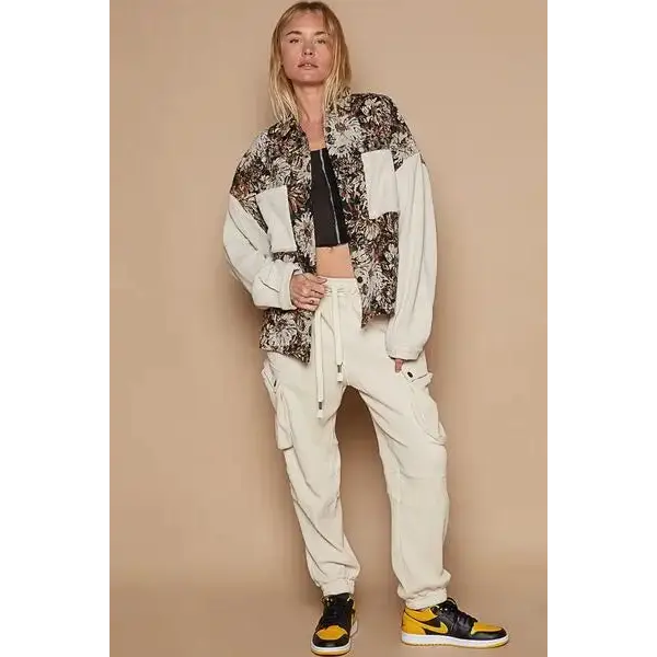 Contrast Sleeves Button Down Floral Jacquard Shirt.