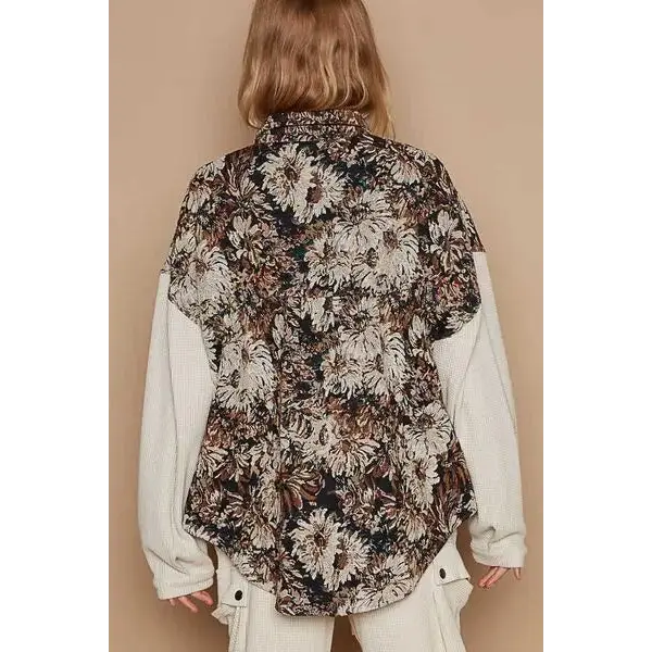 Contrast Sleeves Button Down Floral Jacquard Shirt.
