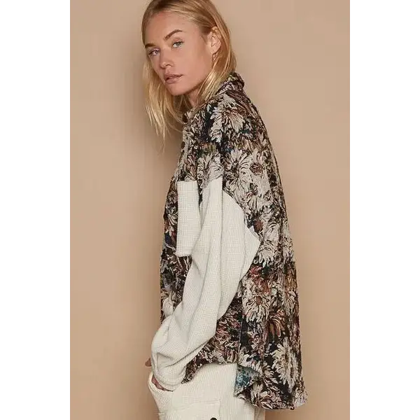 Contrast Sleeves Button Down Floral Jacquard Shirt.