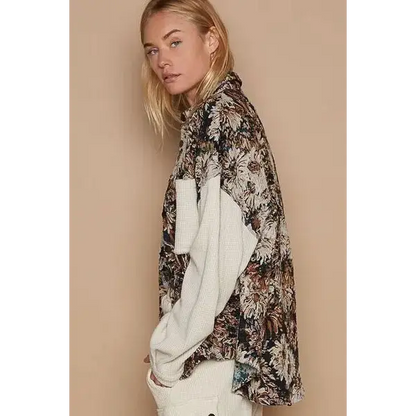Contrast Sleeves Button Down Floral Jacquard Shirt.