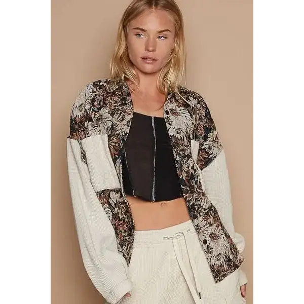 Contrast Sleeves Button Down Floral Jacquard Shirt.
