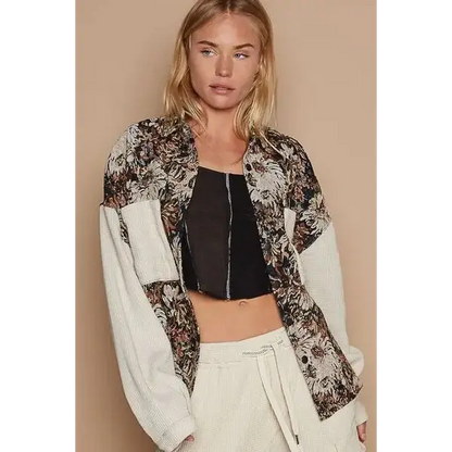 Contrast Sleeves Button Down Floral Jacquard Shirt.