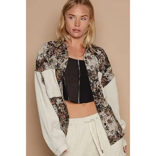 Contrast Sleeves Button Down Floral Jacquard Shirt.
