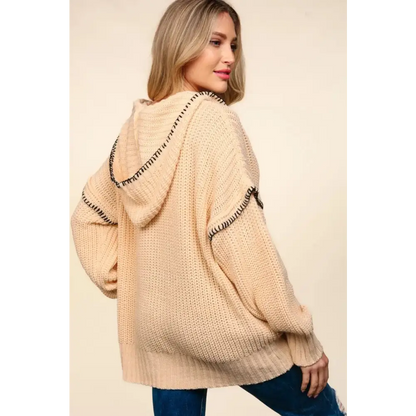 Contrast Stitching Long Sleeve Hooded Sweater.