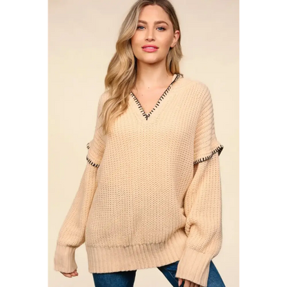 Contrast Stitching Long Sleeve Hooded Sweater.