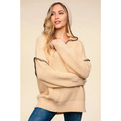 Contrast Stitching Long Sleeve Hooded Sweater.