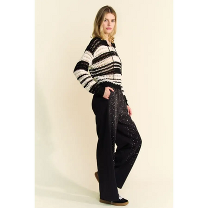 Contrast Striped Crochet Drop Shoulder Knit Cover Up.