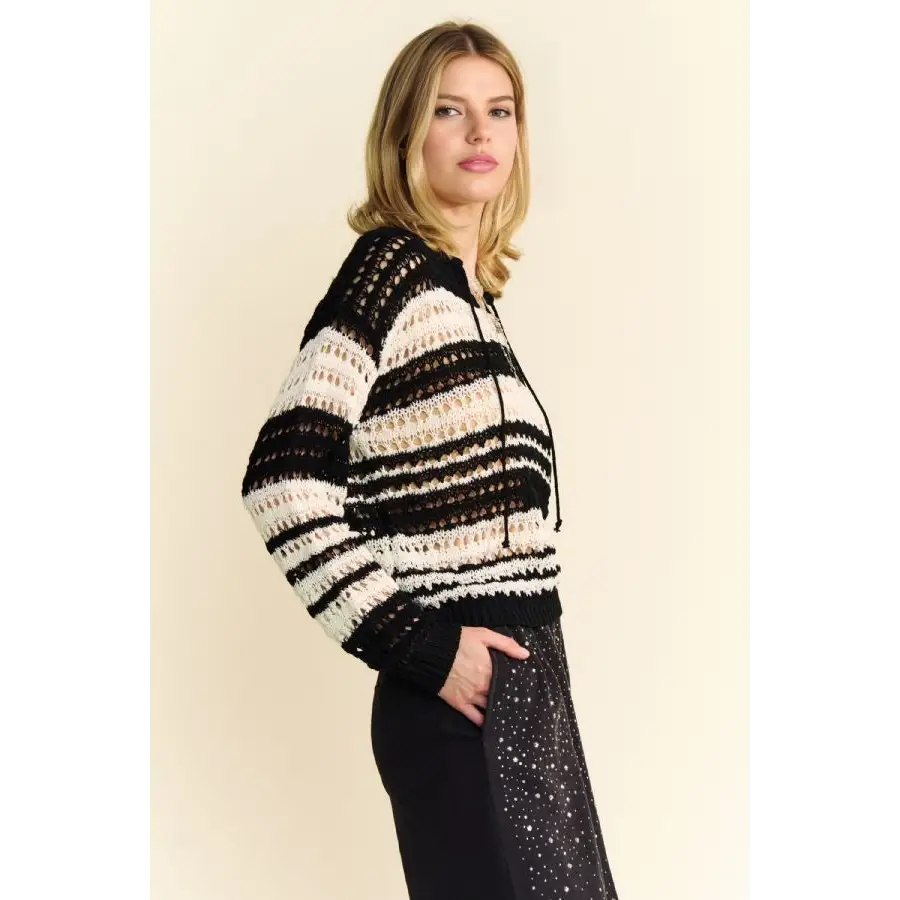 Contrast Striped Crochet Drop Shoulder Knit Cover Up.