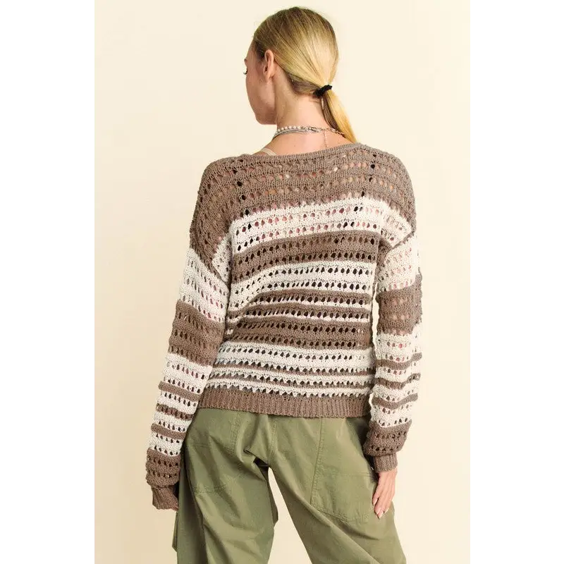 Contrast Striped Crochet Drop Shoulder Knit Cover Up.