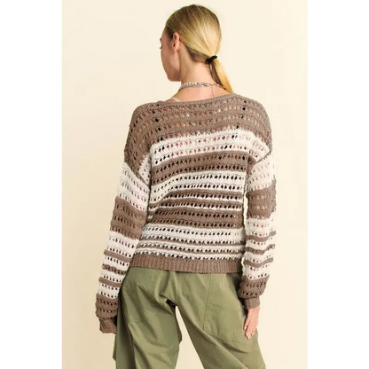 Contrast Striped Crochet Drop Shoulder Knit Cover Up.