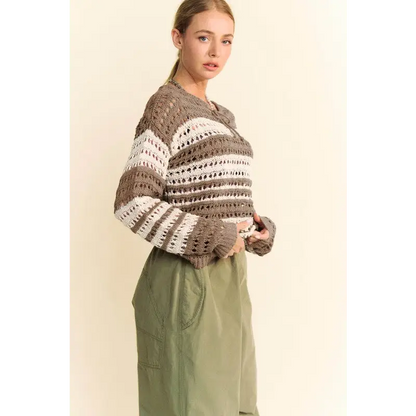 Contrast Striped Crochet Drop Shoulder Knit Cover Up.