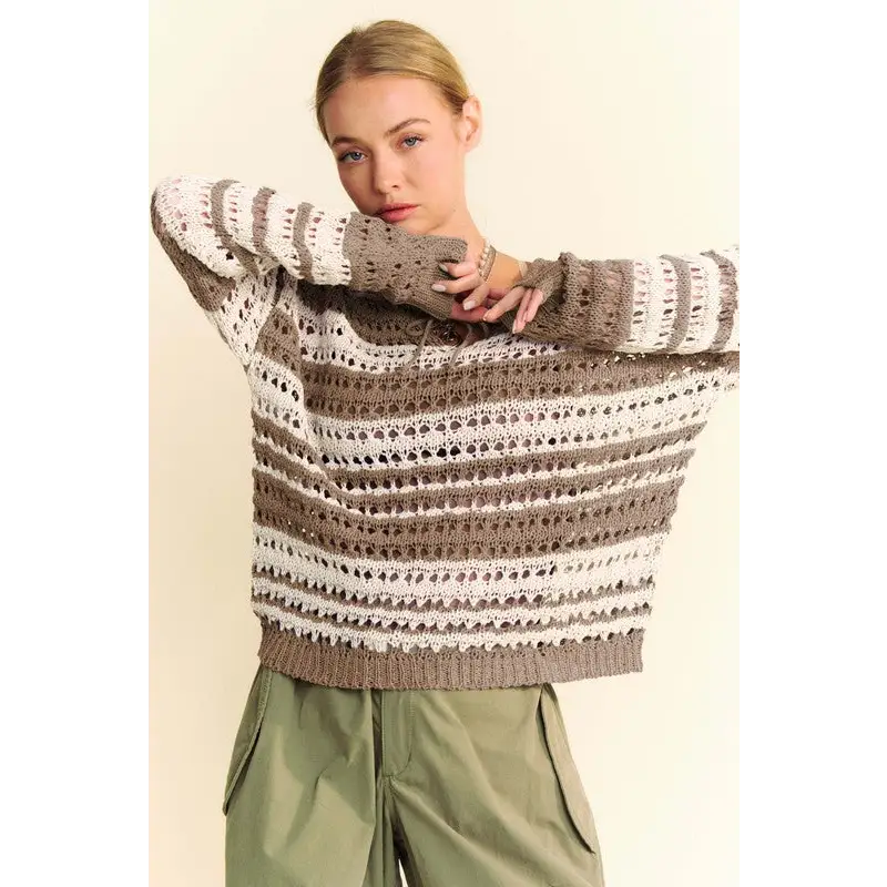 Contrast Striped Crochet Drop Shoulder Knit Cover Up.
