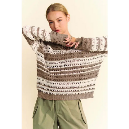 Contrast Striped Crochet Drop Shoulder Knit Cover Up.