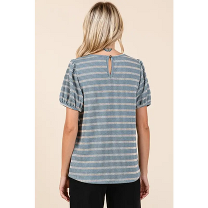 Contrast Striped Short Puff Sleeve Knit Top.
