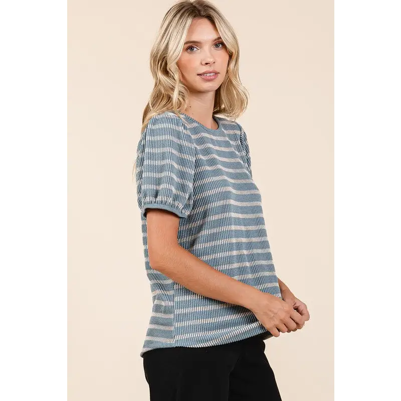 Contrast Striped Short Puff Sleeve Knit Top.