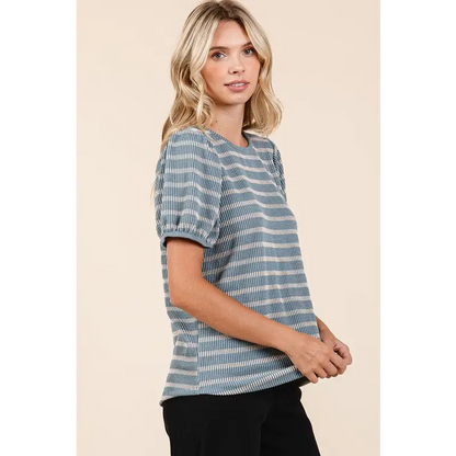 Contrast Striped Short Puff Sleeve Knit Top.